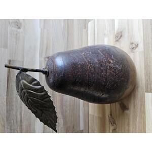 Oversized Rustic Wood and Metal Pear Sculpture with Leaf Accent 10 In Tall